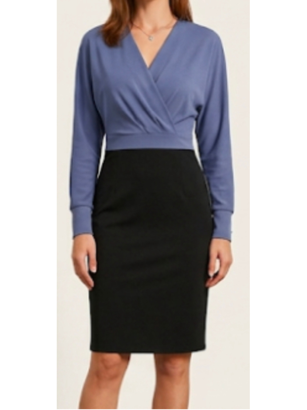 Grace Karin Slate Blue Wrap-Top Midi Dress with Black Skirt